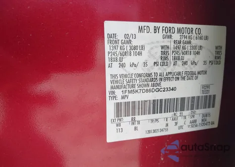 2013 Ford Explorer Xlt z USA, uszkodzony, nr VIN 1FM5K7D86DGC23340